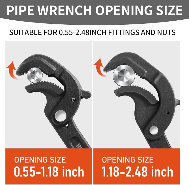 BCJCLTS Pipe Wrench Set, 10” and 15” Self Adjusting Wrench 2-Piece Plumbing Tools for 0.55“-2.36”/14-60mm Standard Nuts, Irregular Nuts,Pipes Use - Image 3